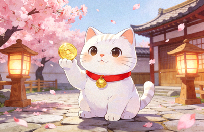 招财喵喵攻略封面，展示日系招财猫与金币掉落的萌系游戏画面